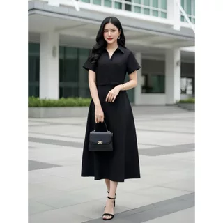 Thealner- AN474 (เดรสดำคอปกแขนสั้นแต่งกระดุมเล็ก)