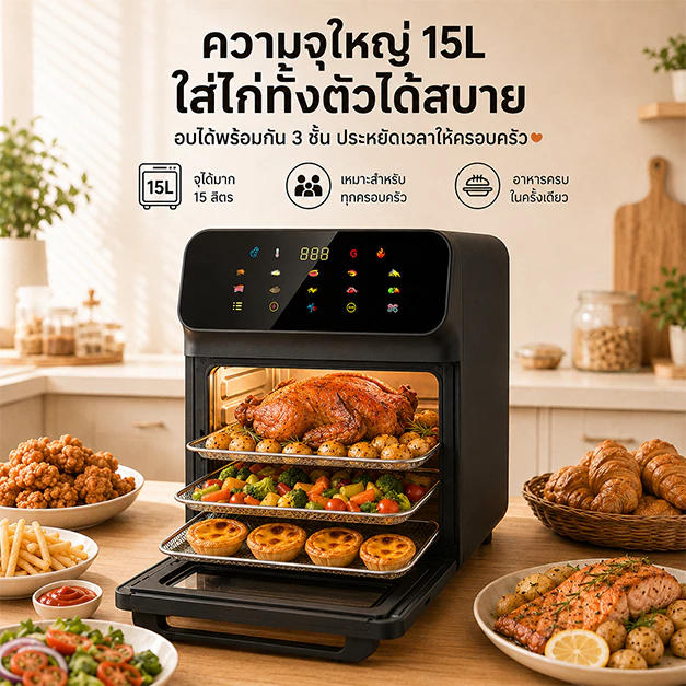 หม้อทอดไร้น้ำมัน 15L ความจุใหญ่ ใช้น้ำมันน้อย อบทอดได้หลายเมนู เหมาะสำหรับครอบครัว Tixx Air Fryer thumbnail 3