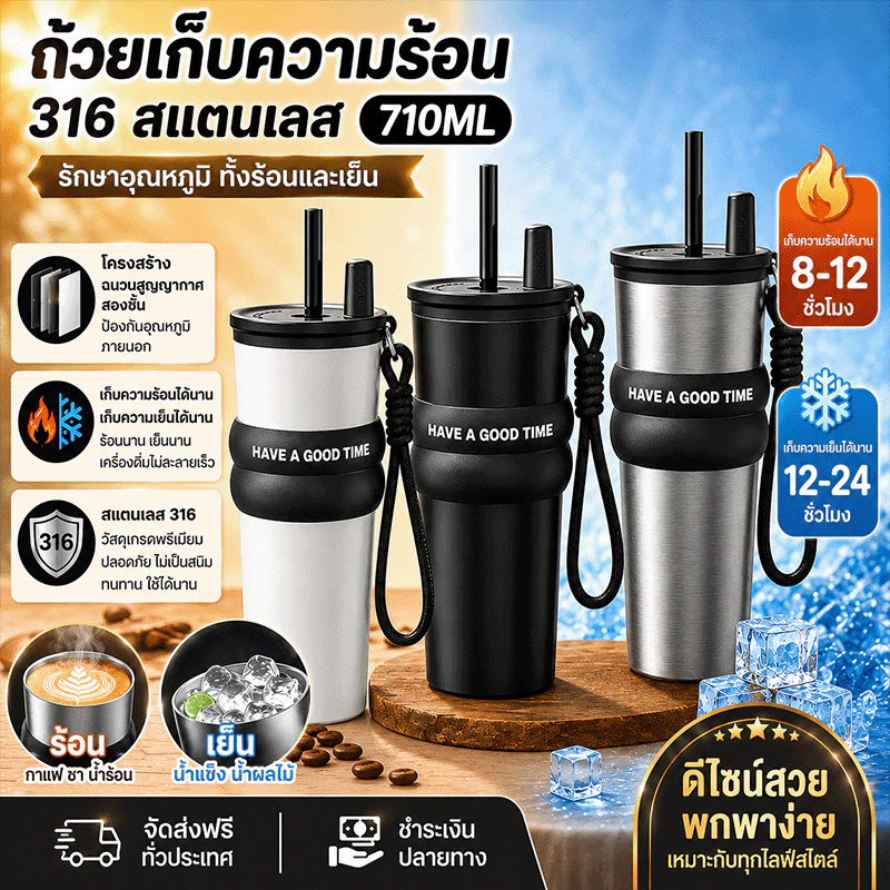 COD ถ้วยฟางพกพา 316สแตนเลส รุ่นลิมิเต็ดเอดิชัน 710ML มีเชือกคล้อง แก้วเก็บความร้อนเก็บความเย็นใช้ประจำวัน