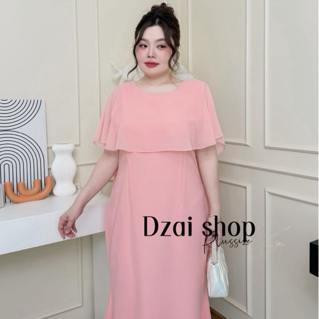เดรสยาวสาวอวบอ้วนออกงานคอกลมพร่างหุ่น สีชมพู(Baby pink)/น้ำตาล(walnut)