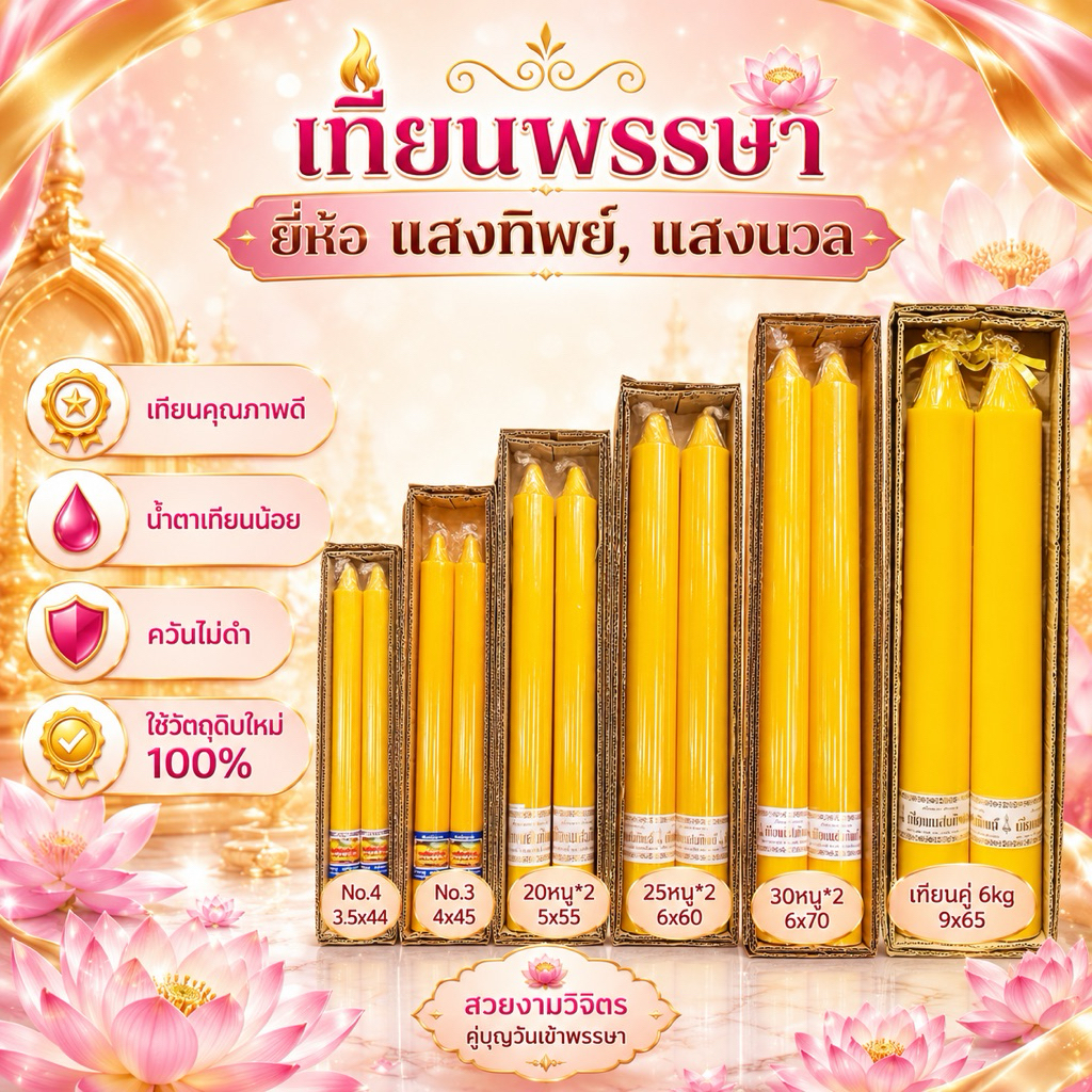 เทียนพรรษา เทียนคู่ ตราแสงทิพย์/แสงนวล เทียนกลมเรียบ ราคา/คู่ เบอร์3/4/20หุน/25หุน/30หุน