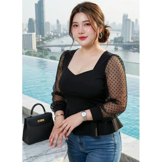 เสื้อใส่ทำงาน งานบุญ ไปวัด สาวอวบอ้วน แขนมุ้งจุดกำมะหยี่ สีดำ สีขาว สวยปิดพุงพลางหุ่น อก 46-56 นิ้ว