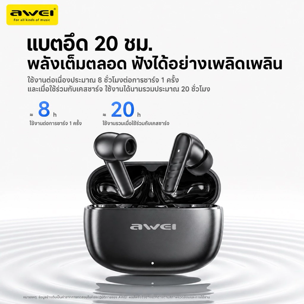 AWEI หูฟังบลูทูธไร้สาย Gaming Earbuds เบสแน่น Bluetooth 6.0 แบตอึด 20 ชม. ไดรเวอร์ 13mm ใส่สบาย น้ำหนักเบา