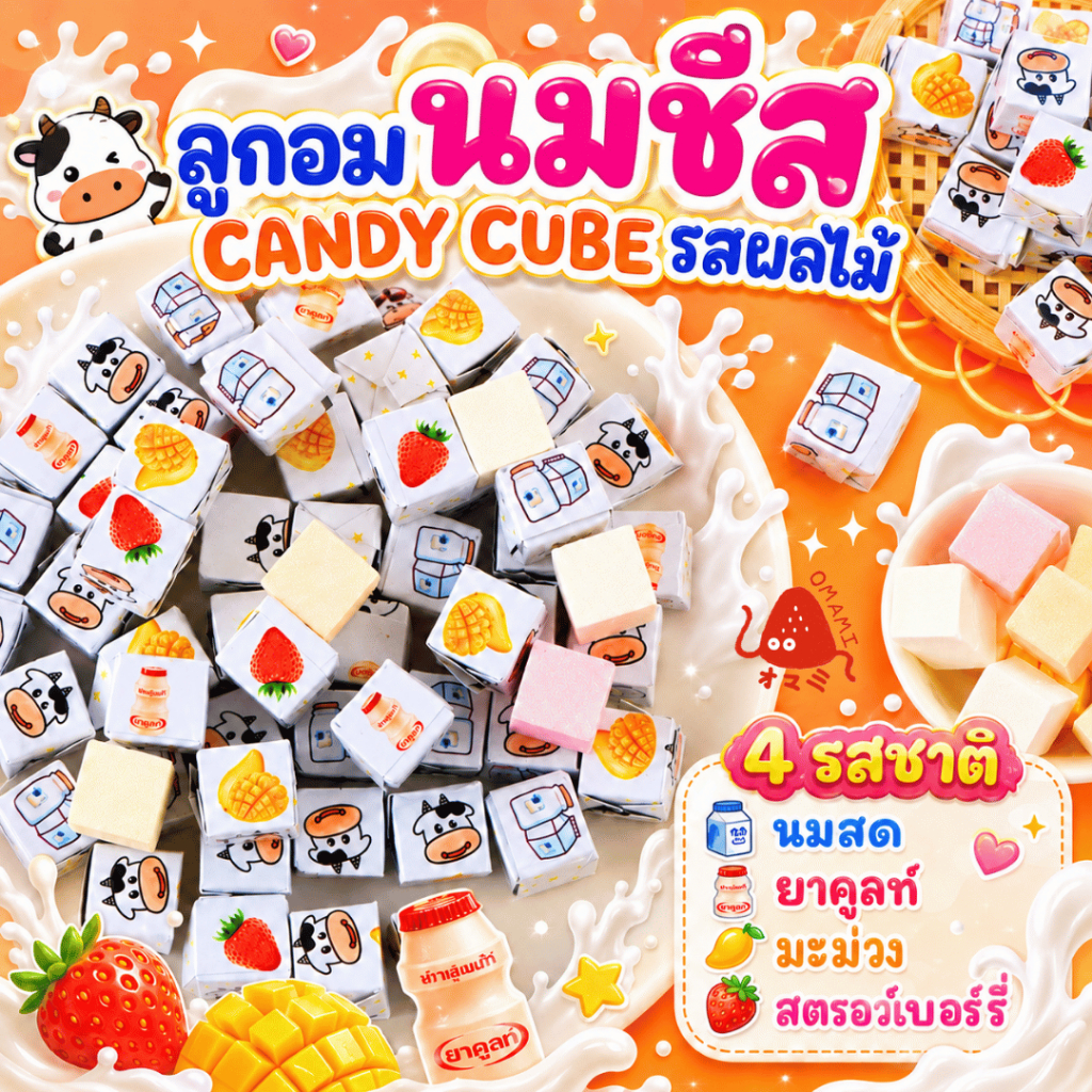 🐮🎲ลูกอมนมชีส คิวบ์ รสนมผลไม้ (50ชิ้น/100ชิ้น) Milk cheese candy ลูกอมนมอัดก้อน 4รสชาติ นมเปรี้ยว มะม่วง สตรอเบอร์รี่