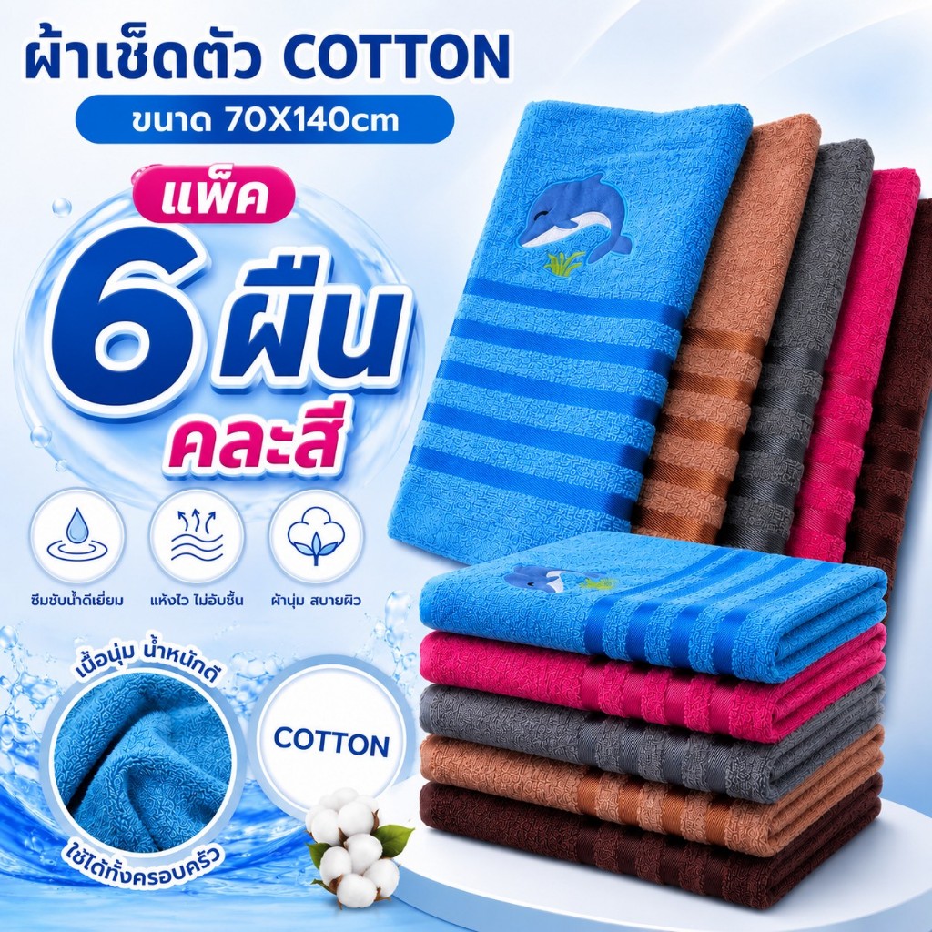 (แพ็ค6ผืนคละสี) ผ้าเช็ดตัวcotton 70*140ซม.