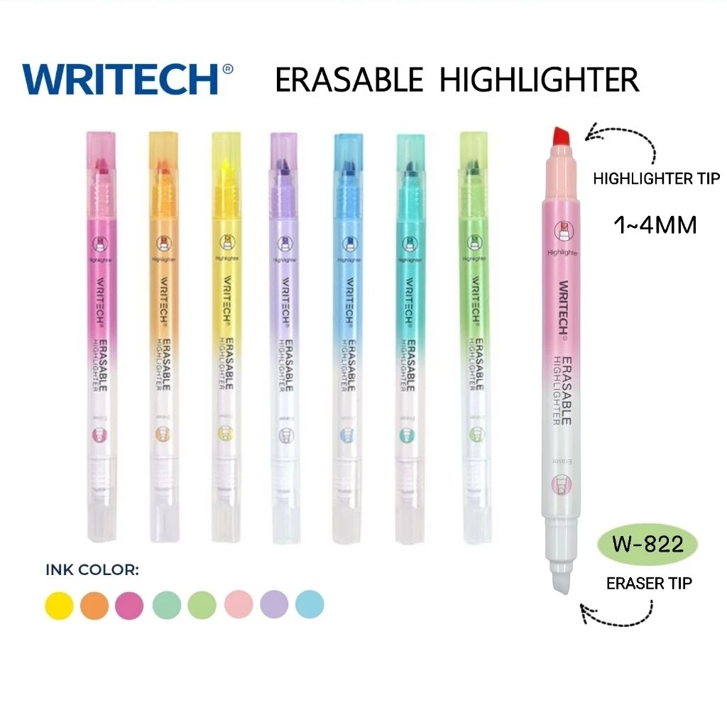 Writech ปากกาเน้นข้อความแบบลบได้ W-822 (Erasable Highlighter) ดีไซน์ 2 หัว (Dual Tip) (ราคา 1 ด้าม)
