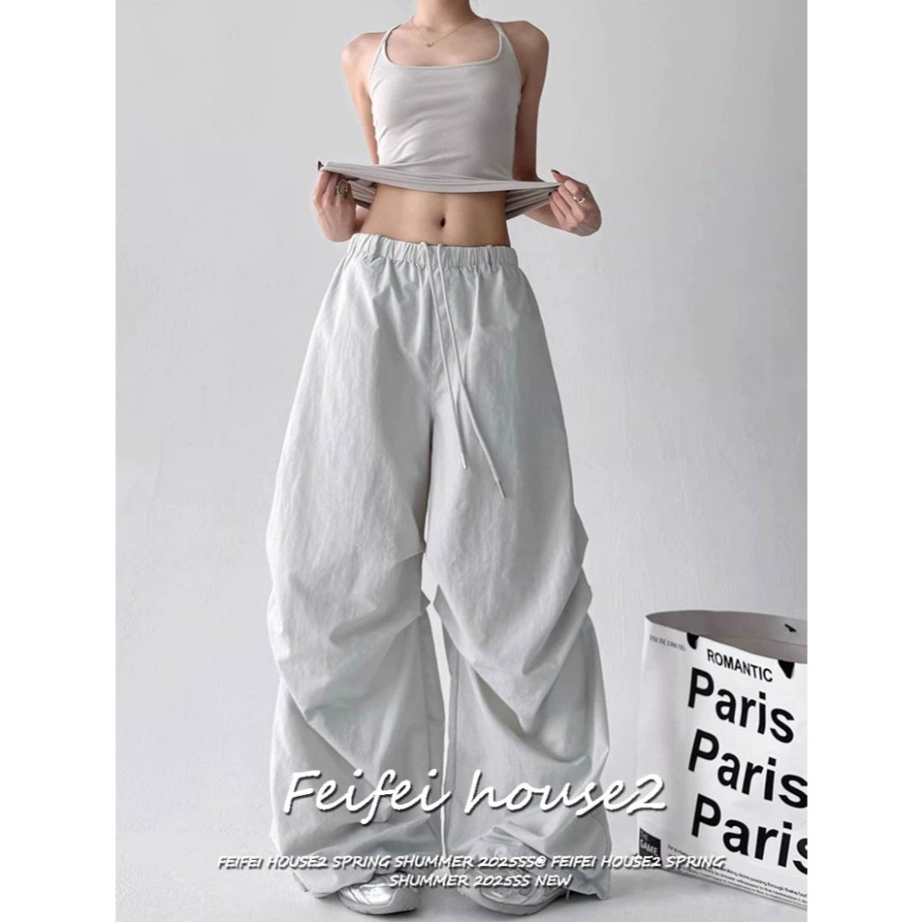 [Feifei-Quick-drying fabric trousers]กางเกงขากว้างสไตล์อเมริกันเต้นแจ๊สฤดูร้อนผ้าแห้งเร็วมีเชือกดึงใน