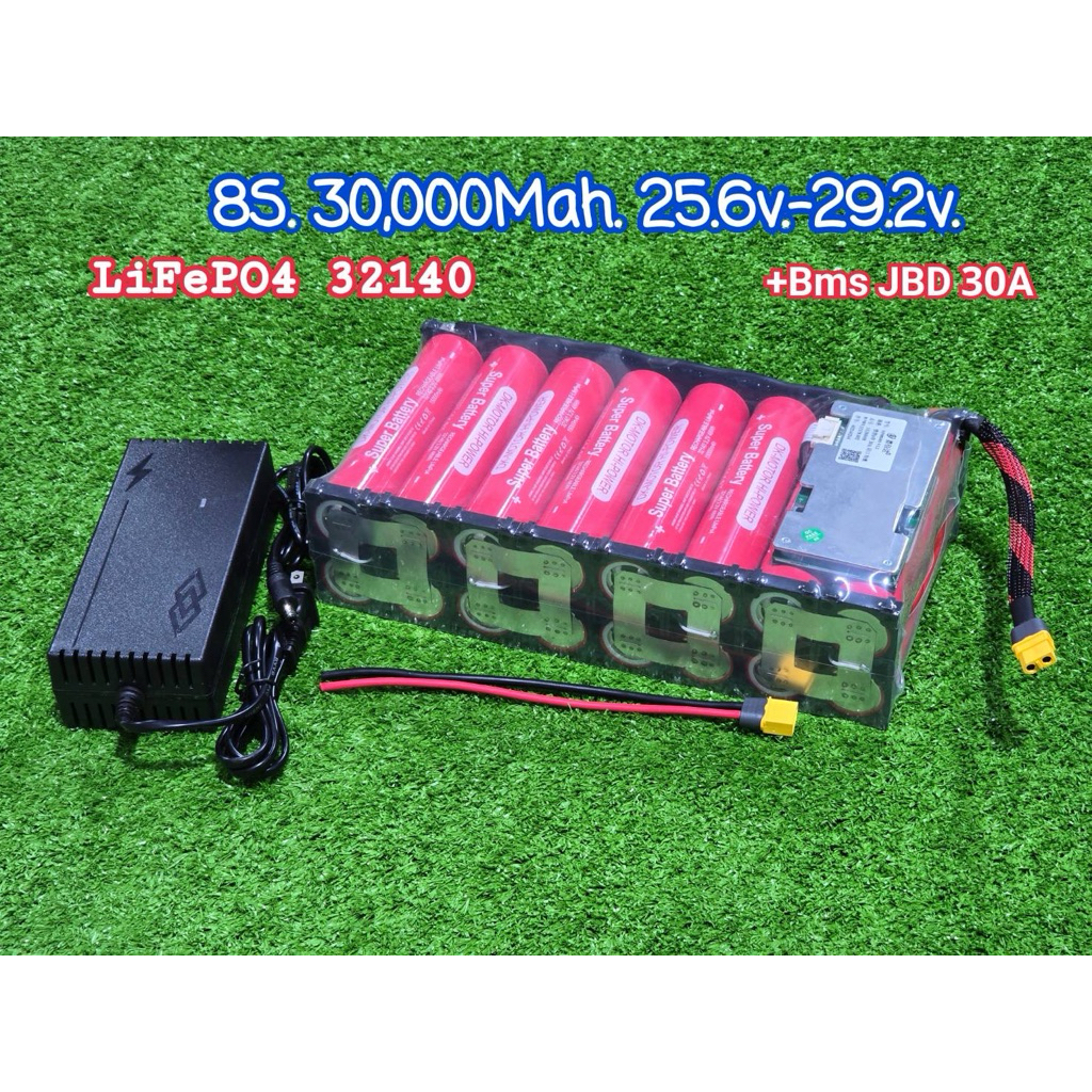 แบตลิเธียม 8s (แพ็ค8x2) (สีแดง dk motor) เกรดA. แท้ 25.6v - 29.2v 30,000mah. LiFePO4 32140 แบตเตอรี่