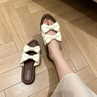 พร้อมส่งจากไทย【118】รองเท้าแตะแบบสวมแต่งโบว์สองชั้น โบว์ใหญ่สวยแฟชั่นมากๆ ไม่มีไม่ได้นะ