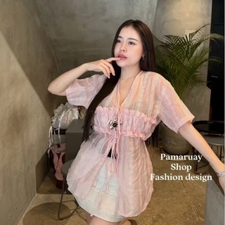 🌷Cotton🌷เสื้อคอวีแต่งระบายหน้ามีเชือก🎀