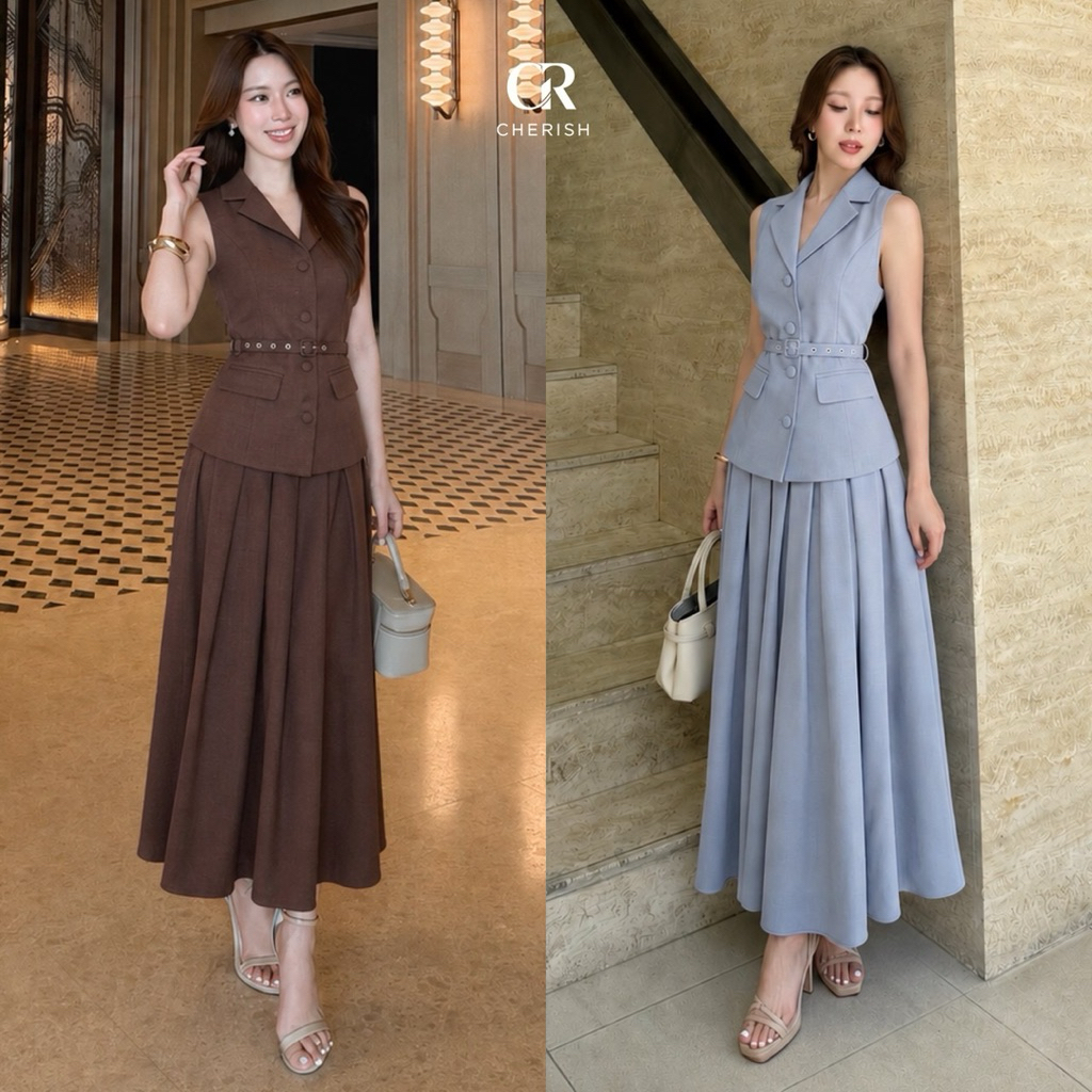 D8 งานป้าย Cherish Set ชุดเซ็ท 2 ชิ้น เสื้อ กระโปรงยาว เข็มขัด สำหรับผู้หญิง สาวอวบ เสื้อผ้าแฟชั่นผู้หญิง ไซส์ S-2XL