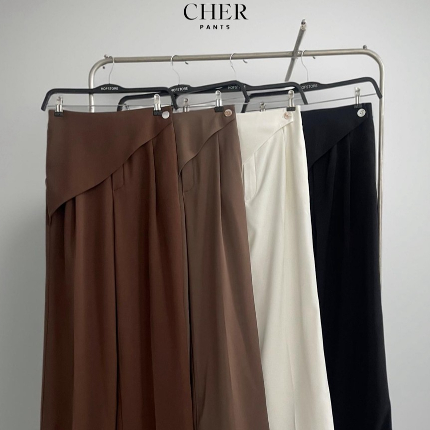 Cher pants #C026 ความยาว 41 นิ้ว ดีไซน์แต่งป้ายเฉียง กางเกงผ้าลิลลี่ พรีเมี่ยม กางเกงเอวสูงขากระบอกใหญ่ กางเกงใส่ทำงาน