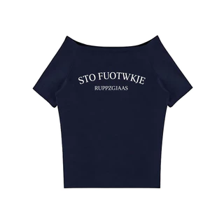 เสื้อไหล่ตกสีดำ ลายตัวอักษรเกาหลี โพลีเอสเตอร์โอเวอร์ไซส์ ใส่สบาย เปิดไหล่เซ็กซี่ แฟชั่น มินิมอล แมทช์ง่าย M-XXL