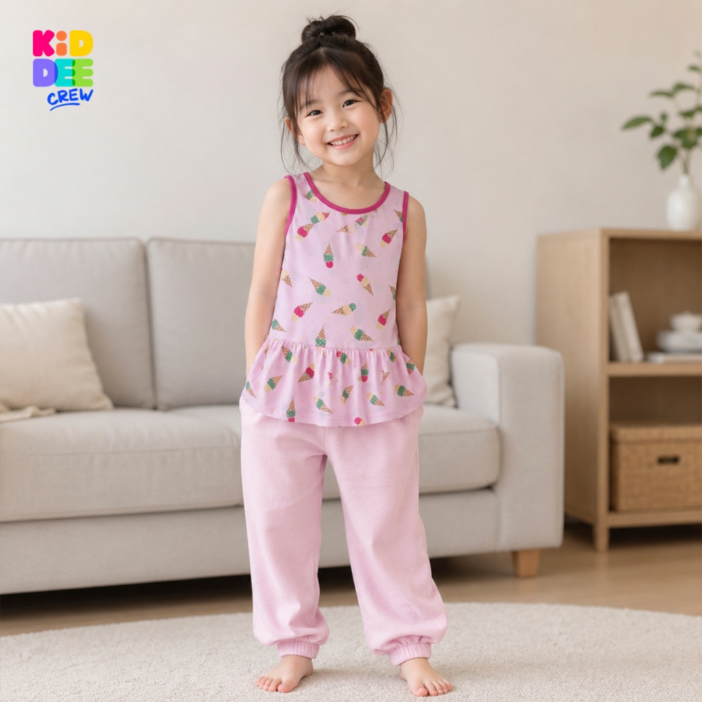 KiddeeCrew เสื้อกล้ามเด็ก สีชมพูลายไอศครีม เหมาะสำหรับอายุ 1-8 ปี