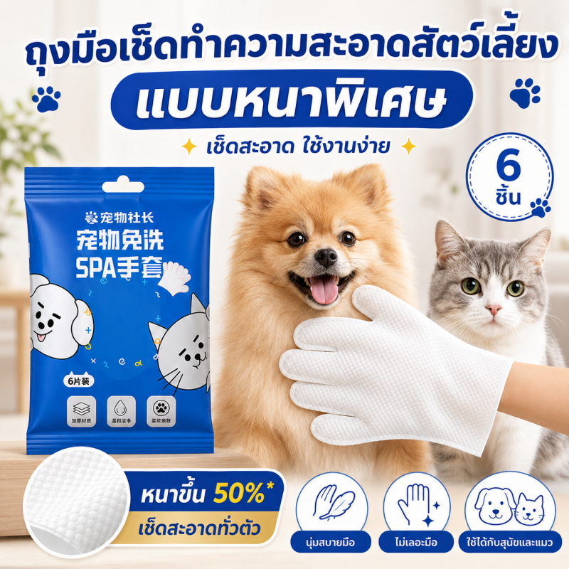 ถุงมืออาบน้ำแมว-สุนัข 6 ชิ้น/ห่อ ทิชชู่เปียกเช็ดตัวสัตว์เลี้ยง ไม่ต้องล้างน้ำ ลดกลิ่น ใช้แล้วทิ้ง