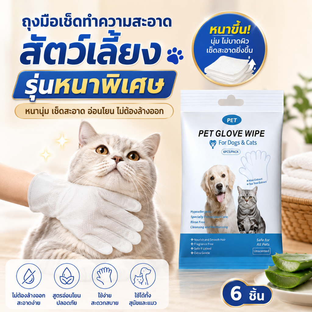【หนาเพิ่มพิเศษ】ถุงมือเช็ดตัวสัตว์เลี้ยงแบบใช้แล้วทิ้ง ไม่ต้องอาบน้ำ 6 ชิ้น/ห่อ กำจัดกลิ่นอับ สูตรอ่อนโยนทาผิว ปลอดภัยแมว
