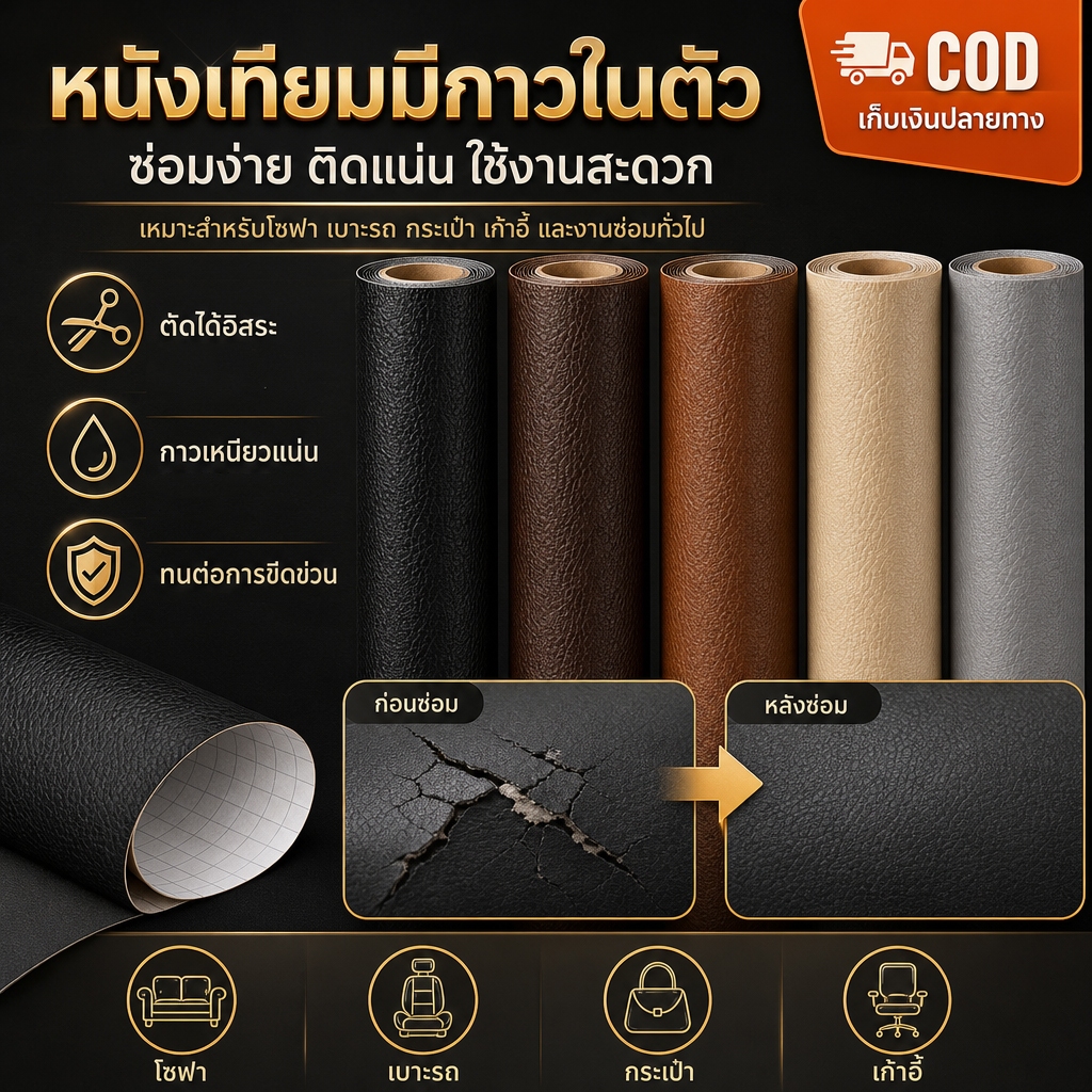 【COD】หนังเทียมมีกาวในตัว สติ๊กเกอร์ซ่อมโซฟา ยึดเกาะแน่น ทนทาน กันน้ำ หนาขึ้น ใช้ซ่อมโซฟา เบาะรถยนต์