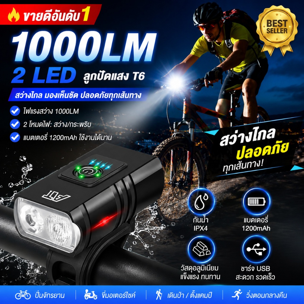เซ็ตไฟจักรยาน LED 10W ไฟหน้าจักรยาน + ไฟท้าย กันน้ำ IP44 ชาร์จ USB ไฟฉายจักรยาน สว่างสูง สําหรับจักรยานเสือภูเขา/หมอบ