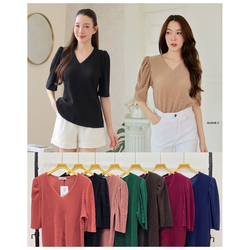 พร้อมส่ง เสื้อคอวีแขนตุ๊กตา งานอัดพลีสสวยใส่สบาย อก40"