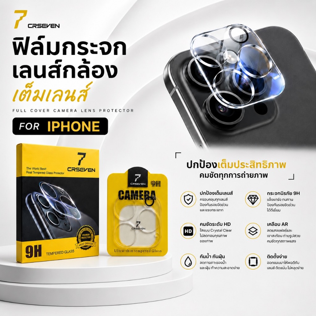 ๋JC168 (007) CRSEVEN ฟิล์มกระจกเลนส์กล้อง เต็มเลนส์ สำหรับ iPhone 15/Plus 14 Pro Max 13 Pro Max 13 12 11 12mini