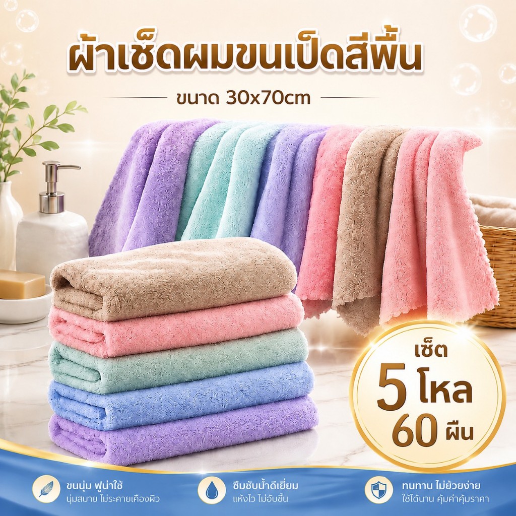 [5โหล] 60 ผืน ผ้าเช็ดผมขนเป็ดสีพื้น (คละสี) [ขายส่งราคาโรงงาน]