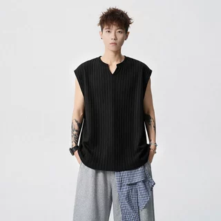 💥BecoolMan💥เสื้อยืดฤดูร้อน ผ้าลายริ้ว คอวี รุ่นบาง แขนกุด เย็น ระบายอากาศได้ดี หลวมสบาย รุ่นสำหรับทั้งชายและหญิง