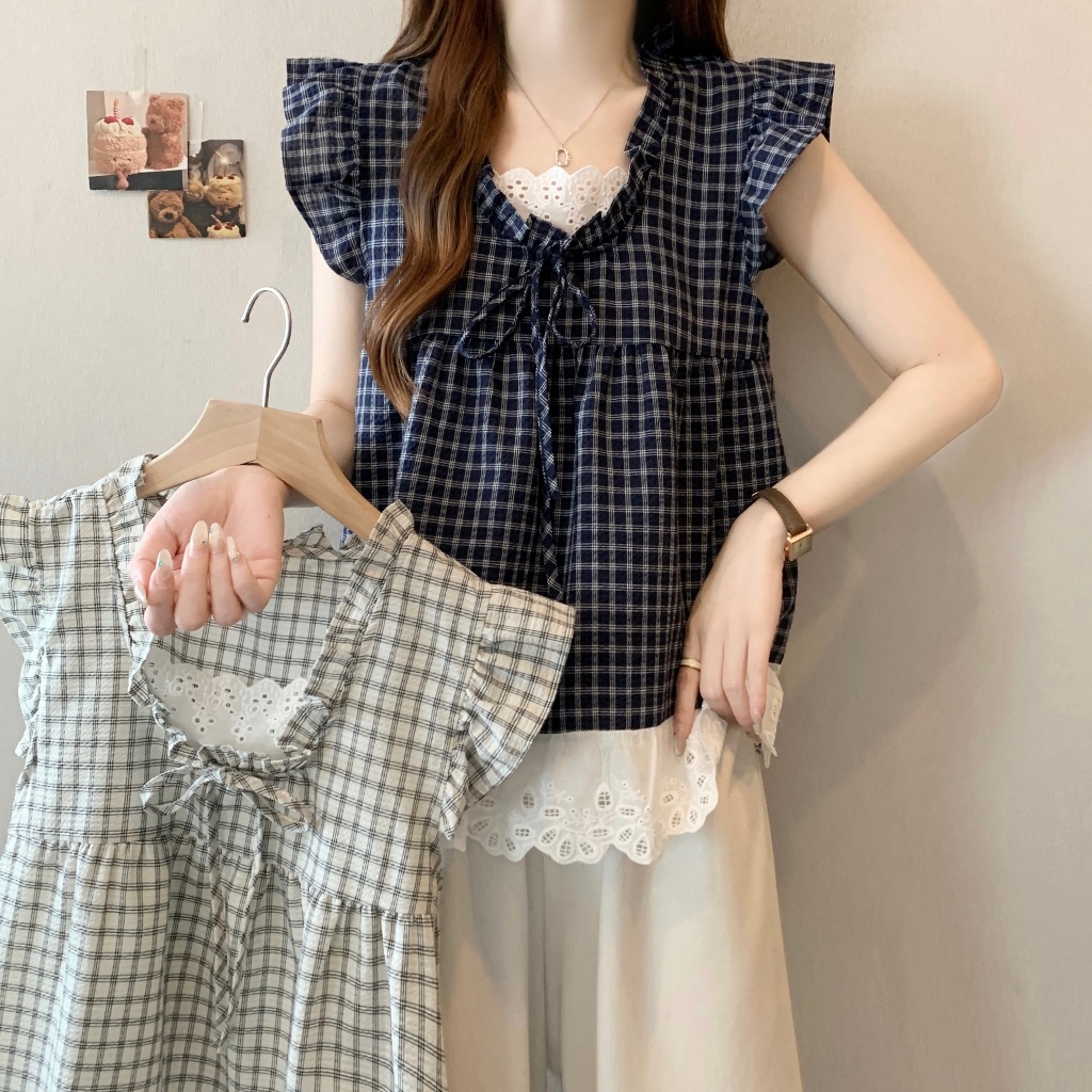 👚Anna👚 เสื้อเชิ้ตแขนสั้นลายสก๊อตสองชิ้นปลอม OOTD มีไซส์ใหญ่สำหรับผู้หญิงฤดูร้อน ชายเสื้อลูกไม้ เสื้อเด็ก 99172
