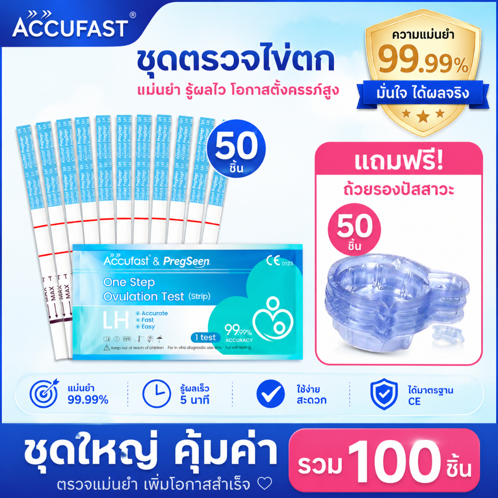 ACCUFAST ชุดตรวจ LH 50 ชิ้น แถมถ้วยเก็บปัสสาวะ 50 ใบ ตรวจวันไข่ตก แม่นยำ 99.99%