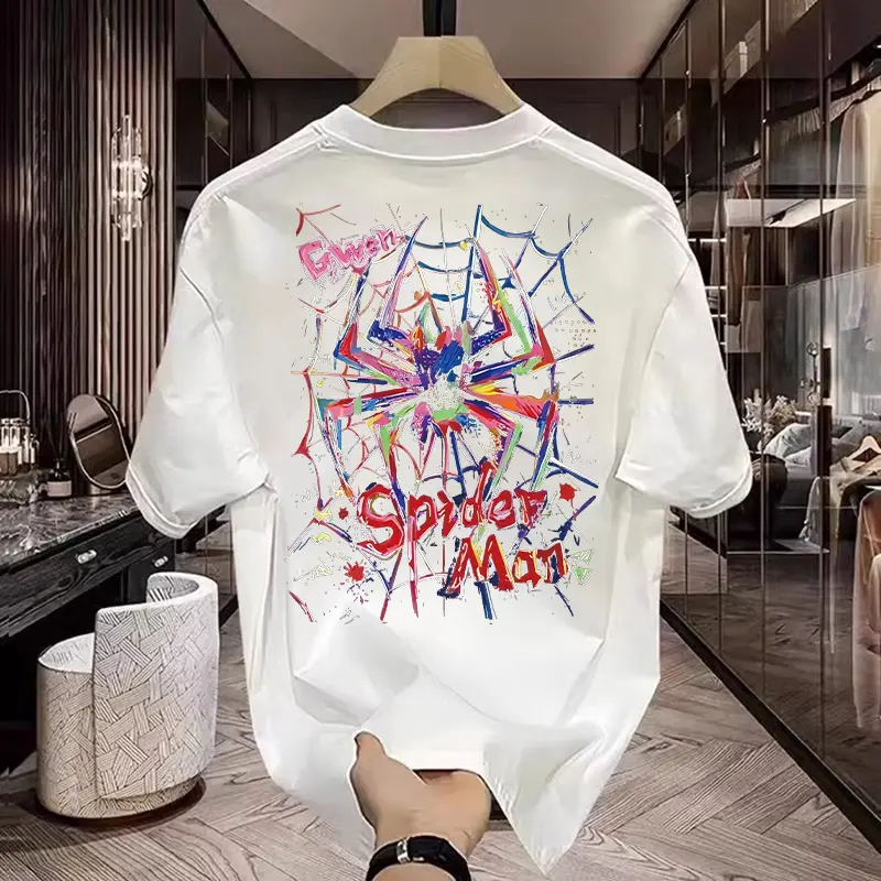 เสื้อยืดลายสไปเดอร์แมน Spider Man กราฟฟิตี้สีรุ้ง พิมพ์หลังเต็ม สีดำ ผ้าฝ้าย200GSM ทรงหลวม สไตล์สตรีมาร์เวลประจำวัน