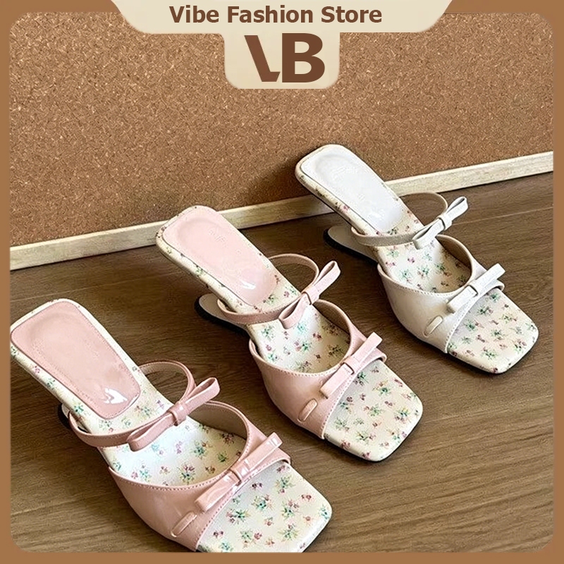 Vibe รองเท้าส้นสูง เกาหลี ส้นหนา 6 ซม หัวเหลี่ยม ใส่โบว์ กันลื่น ใส่สบาย ผู้หญิง แฟชั่นใหม่