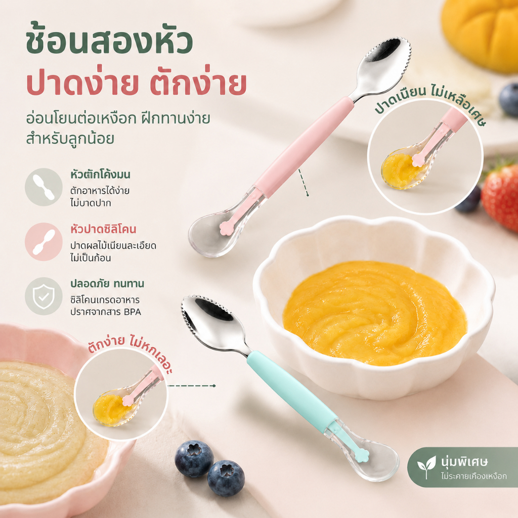 ช้อนเด็ก ช้อนปาดสองด้าน เครื่องมือให้อาหารเสริมสำหรับเด็ก ช้อนบดผลไม้