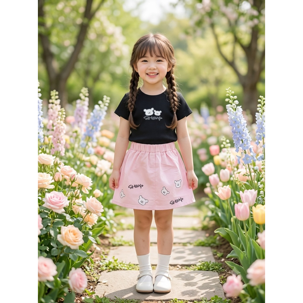 ชุดเซ็ตเด็กผู้หญิงสไตล์เกาหลี เสื้อยืดสีดำลายน้องหมีพร้อมกระโปรงชมพูเอวยืด น่ารักละมุน ไม่รัดเอว