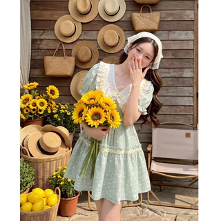 (มี3XL) สีเขียวมัจฉะ Bai Cha Dress เดรสสั้นผ้าคอตตอน ปกงานปักเดซี่ แขนตุ๊กตา ตัดต่อเส้นเทปงานปัก ซิปหลัง มีซับใน