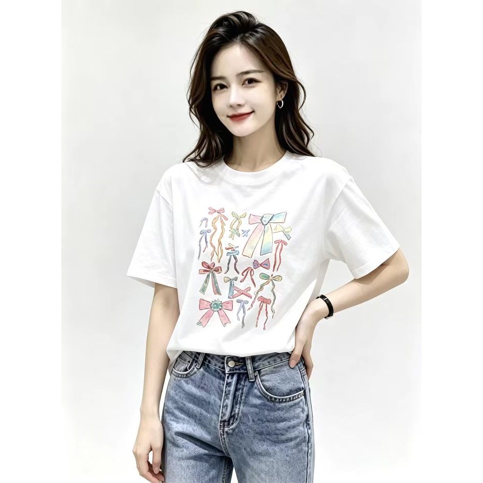 เสื้อโบว์ oversize 100%cotton เสื้อยืดผู้หญิงลายน่ารัก เนื้อผ้านุ่ม สีสวย ใส่สบาย