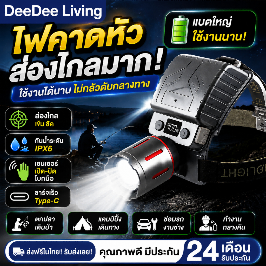 DeeDee ไฟฉายคาดหัว ไฟคาดหัว ส่องไกล ไฟคาดหัว LED ส่องกบ  3 โหมดแสง  เดินป่า ลุยฝนได้ สว่างมาก รับประกันความสว่าง