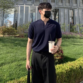 เสื้อแขนสั้นคอเฮนรีสำหรับผู้ชาย ตัดรูปสวยแสดงรูปร่าง ทันสมัยง่ายต่อการจับคู่