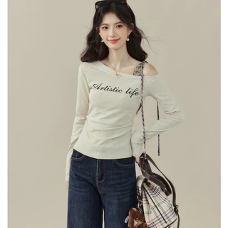 Mikoพร้อมส่ง🍋เทรนด์ ฟีเว่อร์ เสื้อครอปแขนยาว สีเทา ปาดไหล่ข้างเดียว เชื่อกผูกปรับได้ ไซต์กระชับสัดส่วน เอฟวร์ Y2K ลำลอง
