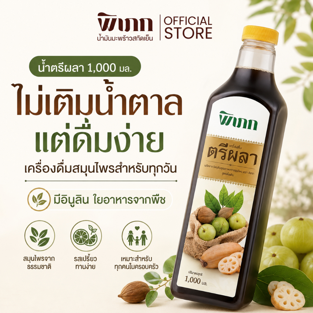 น้ำตรีผลา พิเภก 1000ml ดูแลระบบขับถ่ายอย่างอ่อนโยน ช่วยให้รู้สึกเบาสบายท้อง