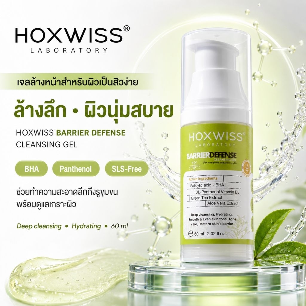 [ส่งฟรี] Hoxwiss เจลล้างหน้า BHA ลดปัญหาสิว สิวอุดตัน อ่อนโยนไม่แห้งตึง BARRIER DEFENSE CLEANSING GEL