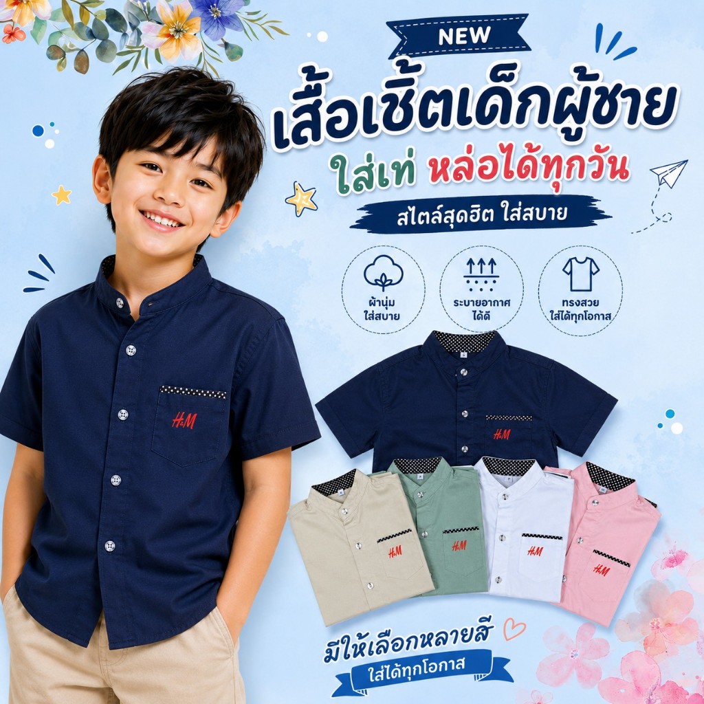 เสื้อเชิ้ตเด็กแขนสั้น ปักHM 2-7ปี ใส่แล้วดูสุภาพ เรียบร้อย ดูดี