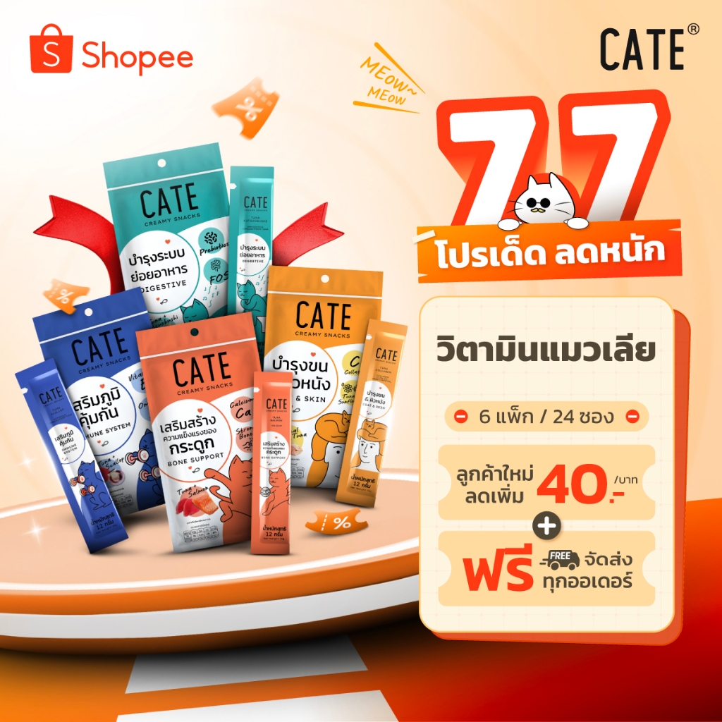 6 แพ็ค (24 ซอง) CATE เคท ขนมแมวเลีย คอลลาเจน พรีไบโอติก เสริมภูมิ แคลเซียม