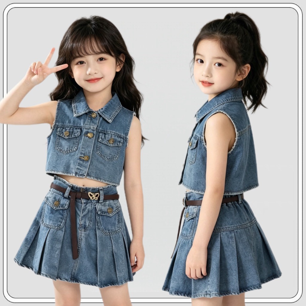 MC352  ชุดผ้ายีนส์2ชิ้น เด็กผู้หญิง เสื้อกั๊ปไร้แขนปกคอ กระโปรงพลีท แต่งลายโลหะสวยงาม