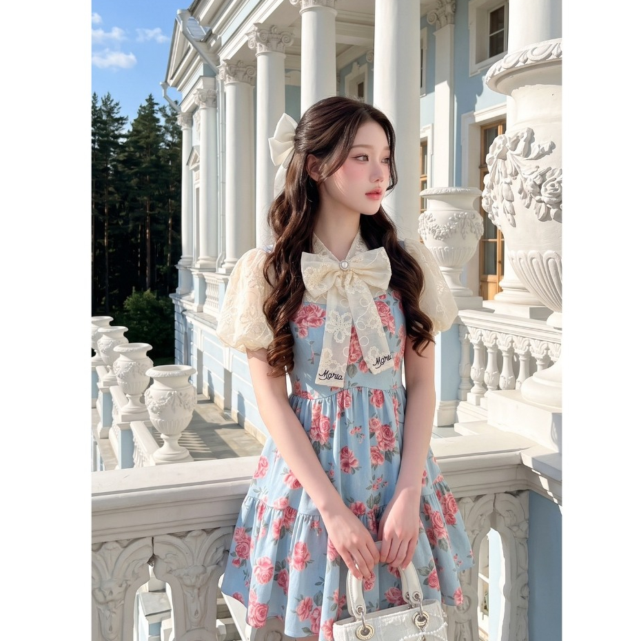 (มี3XL) Nuan Chan Dress เดรสยีนส์พิมพ์ลาย ตัดต่อผ้าชีฟองปักลูกไม้ สไตล์เอี๊ยม + เข็มกลัดโบว์ (ถอดได้) ซิปหลัง มีซับใน