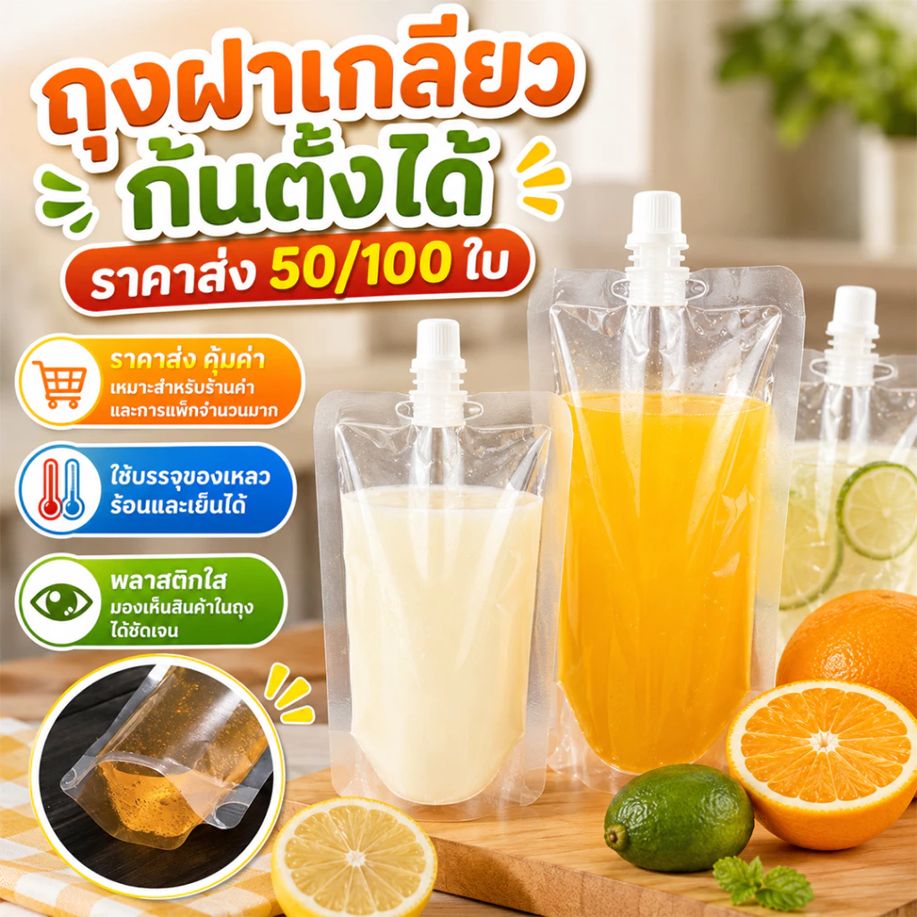 ถุงฝาเกลียวก้นตั้งได้ ราคาส่ง 50/100 ใบ ใส่น้ำ น้ำจิ้ม เยลลี่ PP/PE หนา กันรั่ว 30-250ml