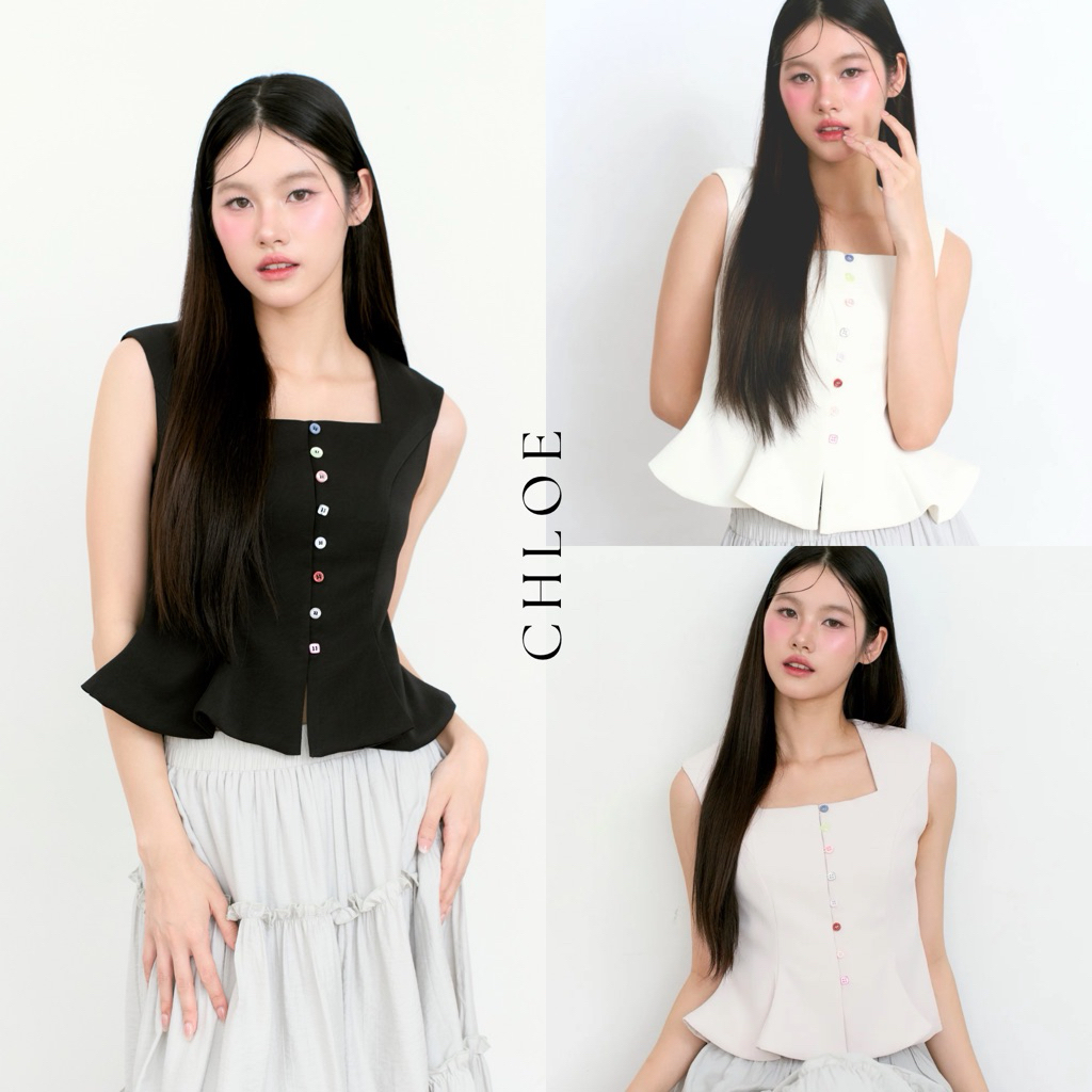 CHLOE TOP (เฉพาะเสื้อ) เสื้อแขนกุดคอเหลี่ยมทรงสวย ดีเทลระบายช่วงปลายเสื้อ
