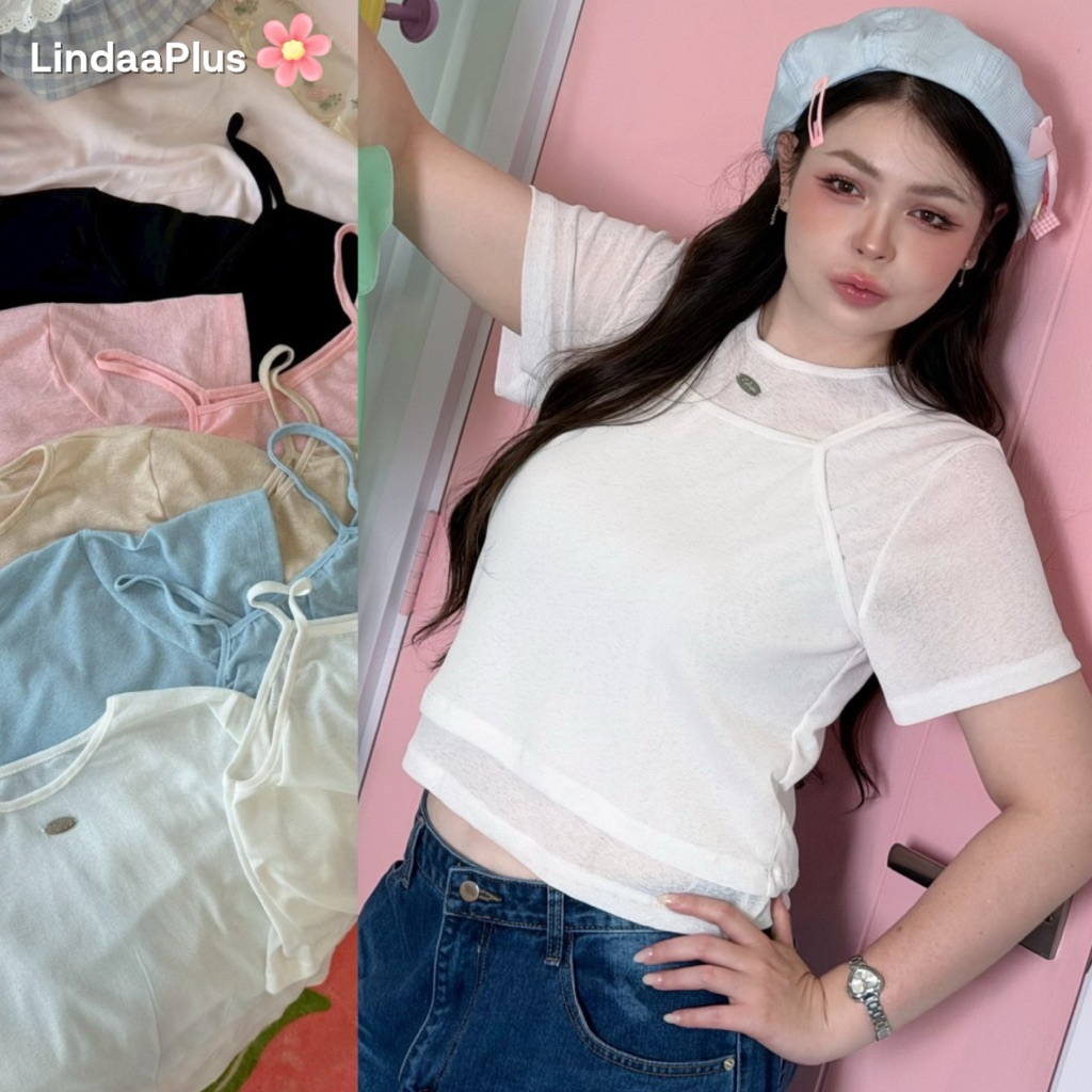 LindaaPlus--𝓒𝓪𝓷𝓭𝔂 𝓽𝓸𝓹 ⋆𖦹 เสื้อครอปแขนสั้นสาวอวบอ้วน งานแต่งอะไหล่อก+สายเดี่ยว งาน 2 ชิ้น แยกใส่ได้ ผ้านิ่ม ยืด ใส่สบาย