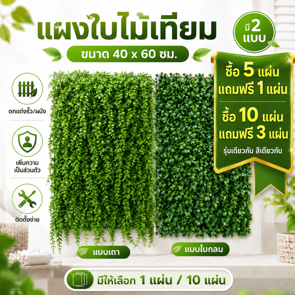 แผงหญ้าเทียม 40x60 ซม. หญ้าเดฟ หญ้าตีนเป็ด แผงใบไม้เทียม ตกแต่งผนัง รั้ว ระเบียง บังตา เพิ่มความเป็นส่วนตัว