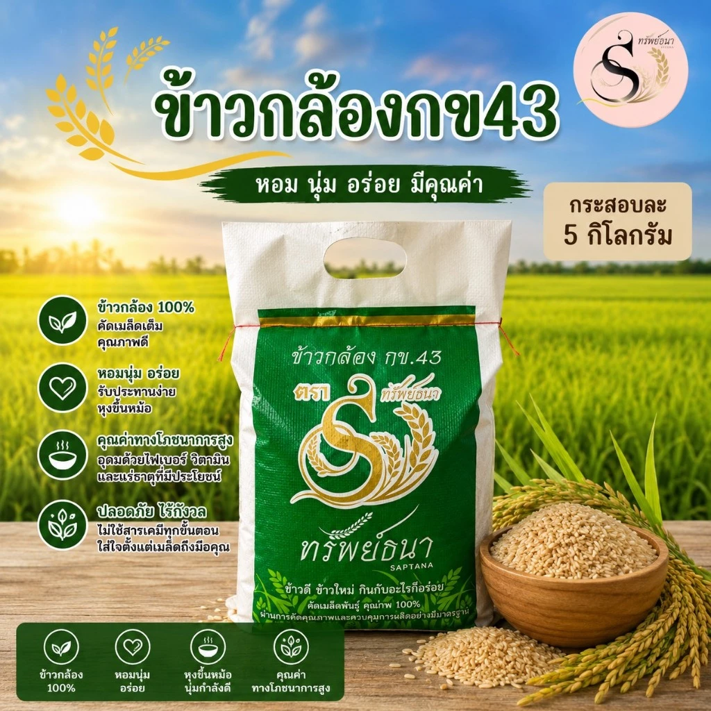 ข้าวกล้องกข43 ตราทรัพย์ธนา ยกกระสอบ5กิโลกรัม