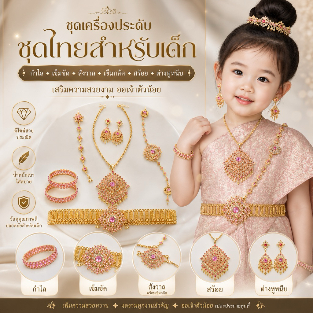 พร้อมส่ง งานเกรดดี สั่งตัดตามขนาดลูกได้ สร้อยคอ ต่างหูหนีบ เครื่องประดับชุดไทย เครื่องประดับเด็ก