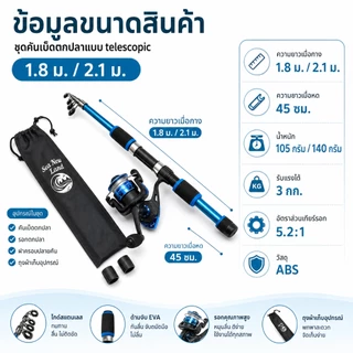 คันเบ็ดตกปลาแบบยืดหดได้ยาว 5.9/6.9 ฟุต พร้อมรอกและสายเบ็ด ชุดอุปกรณ์ตกปลา ด้ามจับทำจาก EVA